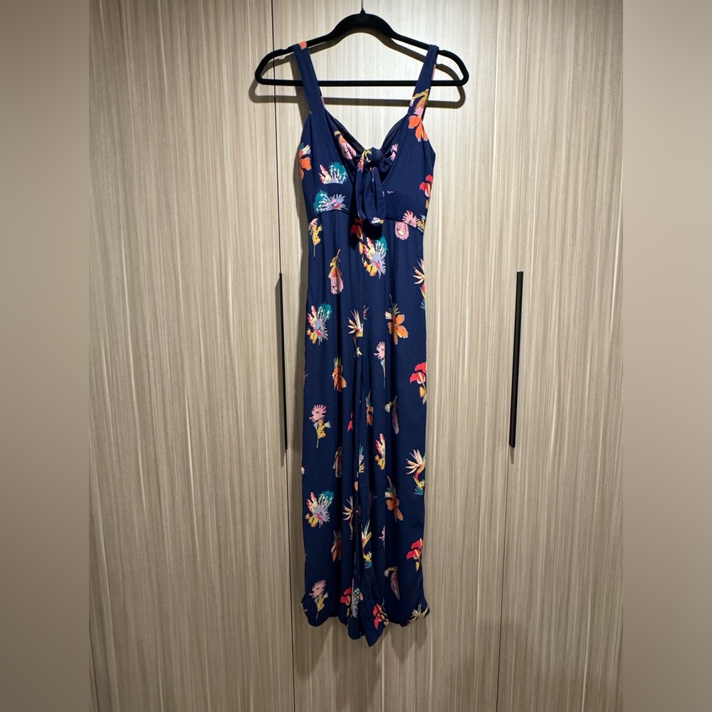 Madewell Tropical Floral Navy Tie Front Jumpsuit